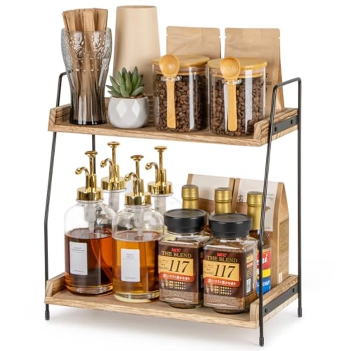 ANBOXIT Countertop Coffee Station Organizer, 2 Tier Wooden Shelf for Coffee Bar Accessories, Condiment Storage Caddy for Kitchen, Home, Office - Brown by ANBOXIT - Used - Very Good condition - US$20.23