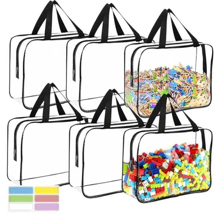 6 Packs Large Toy Storage Bags with Labels, Reusable Clear PVC Board Game Storage, Travel Waterproof Organizer Bags with Zipper for Building Blocks, Puzzle, Kids Books by OPELETNNT - Image 1