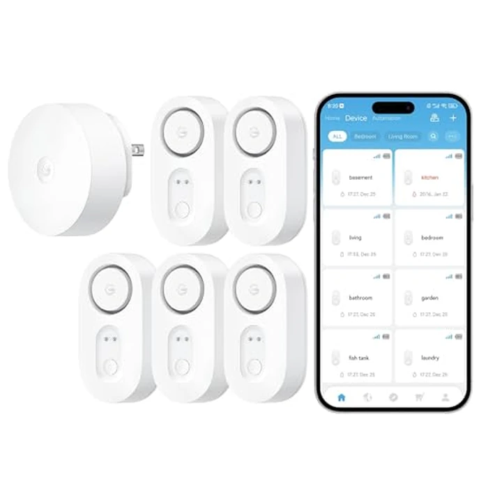 GoveeLife Upgraded Smart Water Leak Detector 1s with 1804 ft Ultra-Long Range, WiFi Water Sensor with SMS/Email/APP Push and Sound Alarm,5-Year Battery Life, 5 Pack, Suit for Home, Basement, Kitchen by GoveeLife - Used - Like New condition - US$56.99