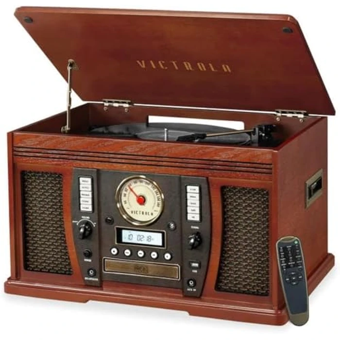 Victrola Aviator 8-in-1 Bluetooth Record Player & Multimedia Center with Built-in Stereo Speakers - 3-Speed Turntable, Vinyl to MP3 Recording, Wireless Music Streaming, Mahogany by Victrola - Used - Like New condition - US$131.39
