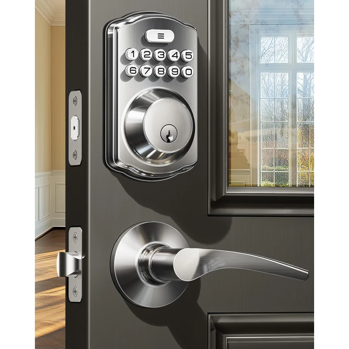 Veise Keyless Entry Door Lock with 2 Lever Handles - Electronic Keypad Deadbolt, Easy Installation Digital Smart Front Door Lock Set, Satin Nickel by Veise - Image 1