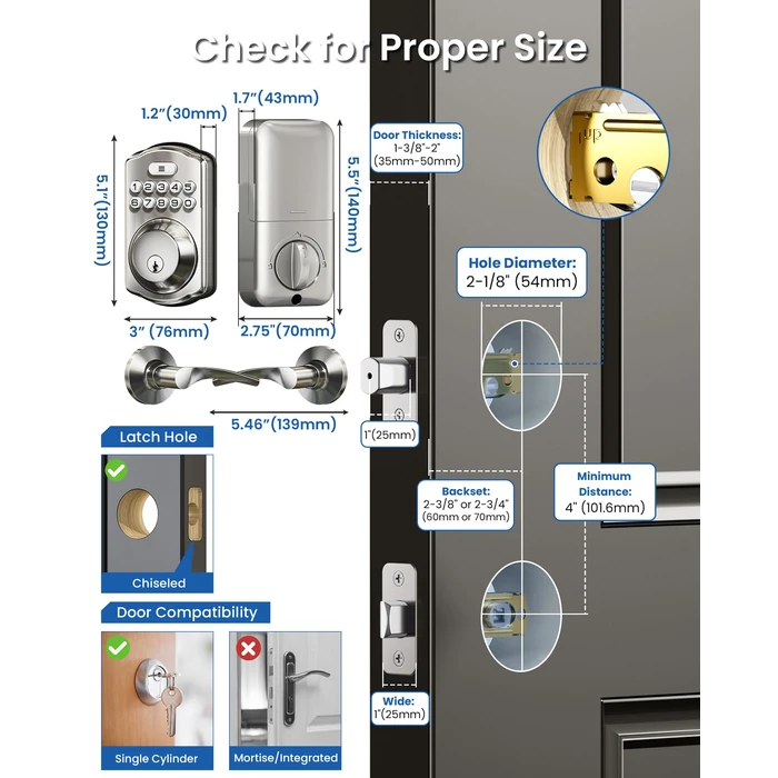 Veise Keyless Entry Door Lock with 2 Lever Handles - Electronic Keypad Deadbolt, Easy Installation Digital Smart Front Door Lock Set, Satin Nickel by Veise - Image 8