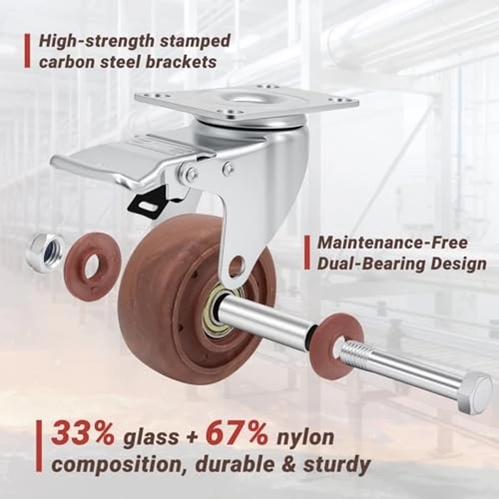 Nefish 3 Inch Casters Wheels, Heavy Duty Casters Set of 4, Durable Castor Wheels with Brake 1800 LBS, High Temperature Casters Glass Filled Nylon Wheels for Workbench, Industrial (-40 degreesF to + 475 degreesF) by Nefish - Image 3