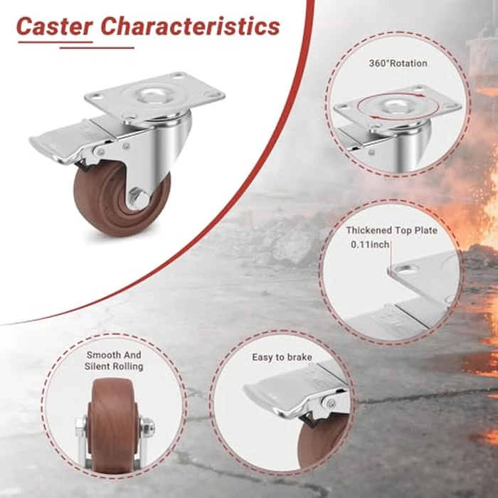 Nefish 3 Inch Casters Wheels, Heavy Duty Casters Set of 4, Durable Castor Wheels with Brake 1800 LBS, High Temperature Casters Glass Filled Nylon Wheels for Workbench, Industrial (-40 degreesF to + 475 degreesF) by Nefish - Image 7