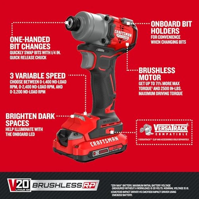 CRAFTSMAN V20 Cordless Brushless Impact Driver Set, 1/4 Impact Driver, Includes 2 Batteries and Charger (CMCF830D2) by CRAFTSMAN - Image 8