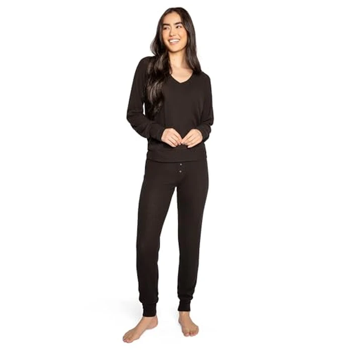 P.J. Salvage Womens Textured Essentials Relaxed Fit Long Sleeve V-Neck Top and Pant Bottom Pajamas 2-Piece Set, Black, X-Small by PJ Salvage - Used - Very Good condition - US$56.76