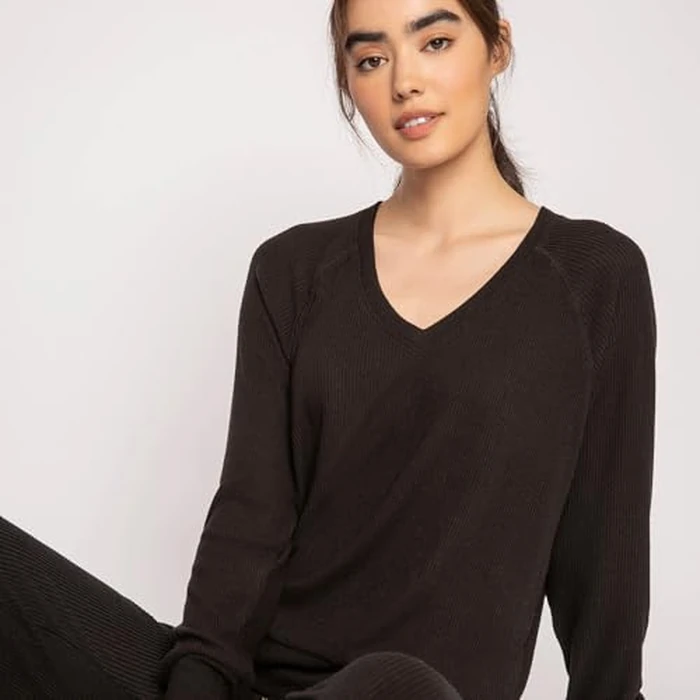P.J. Salvage Womens Textured Essentials Relaxed Fit Long Sleeve V-Neck Top and Pant Bottom Pajamas 2-Piece Set, Black, X-Small by PJ Salvage - Image 2