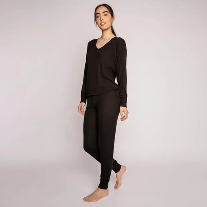 P.J. Salvage Womens Textured Essentials Relaxed Fit Long Sleeve V-Neck Top and Pant Bottom Pajamas 2-Piece Set, Black, X-Small by PJ Salvage - Image 3