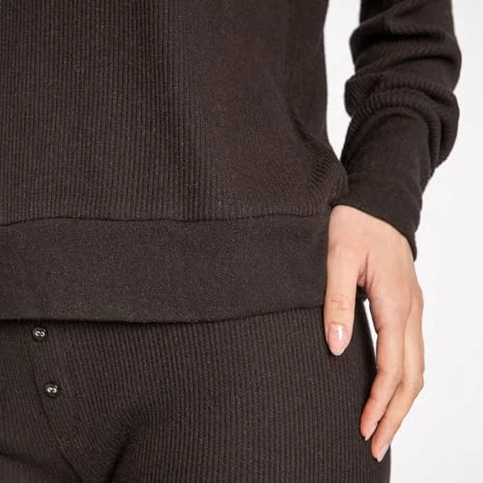 P.J. Salvage Womens Textured Essentials Relaxed Fit Long Sleeve V-Neck Top and Pant Bottom Pajamas 2-Piece Set, Black, X-Small by PJ Salvage - Image 4