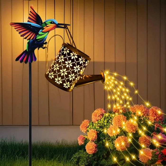 Solar Watering Can with Cascading Lights Outdoor Garden Decor, Hummingbird Shaped Hook Gardening Gifts for Mom Women Grandma Birthday, Solar Lights for Garden Decorations Patio Yard Lawn Backyard by Hulonrua - Used - Very Good condition