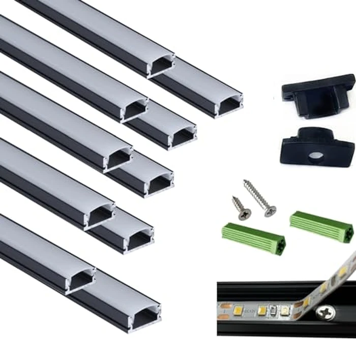 THMOOTHER 10-Pack 6.56FT Pre-Drilled Countersunk Hole LED Strip U Channel Diffuser, Matte Black Flush Mounted Under Cabinet Tape Light Aluminum Low Profile with Milky Cover (10, 6.56FT) by THMOOTHER - Used - Acceptable condition