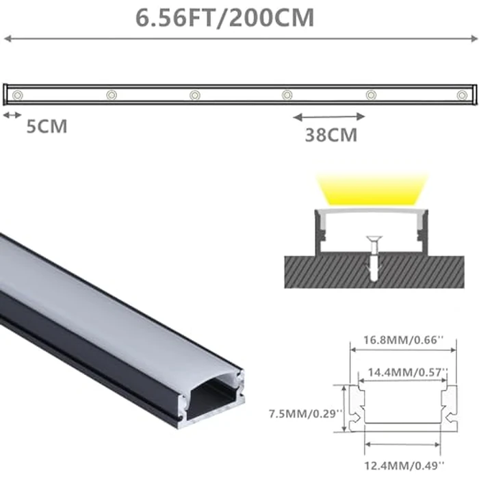 THMOOTHER 10-Pack 6.56FT Pre-Drilled Countersunk Hole LED Strip U Channel Diffuser, Matte Black Flush Mounted Under Cabinet Tape Light Aluminum Low Profile with Milky Cover (10, 6.56FT) by THMOOTHER - Image 2