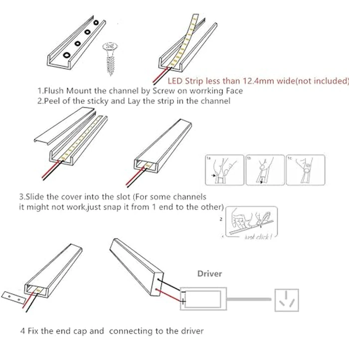THMOOTHER 10-Pack 6.56FT Pre-Drilled Countersunk Hole LED Strip U Channel Diffuser, Matte Black Flush Mounted Under Cabinet Tape Light Aluminum Low Profile with Milky Cover (10, 6.56FT) by THMOOTHER - Image 7