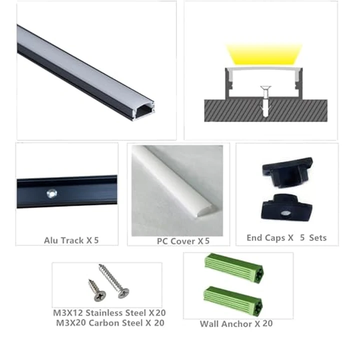 THMOOTHER 10-Pack 6.56FT Pre-Drilled Countersunk Hole LED Strip U Channel Diffuser, Matte Black Flush Mounted Under Cabinet Tape Light Aluminum Low Profile with Milky Cover (10, 6.56FT) by THMOOTHER - Image 8