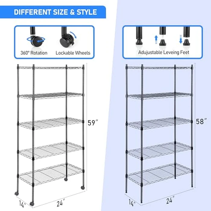 Simple Deluxe 5-Tier Storage Shelving Units, 24.02" W x 13.78" D x 59" H Wire Shelf with Wheels & Leveling Feet, Black by Simple Deluxe - Image 3