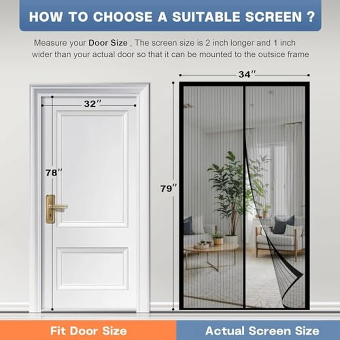 Magnetic Screen Door, Heavy Duty Fiberglass Screen Mesh with Weighted Blocks, Windproof Fastener & Tie-Back Straps, Pet & Kid Friendly, Screen 34"x79" Fit Doors 32"x78" by PROJODO - Image 2