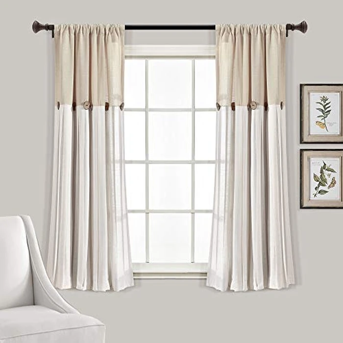 Lush Decor Linen Button Window Curtain Panel, Single, 40" W x 63" L, Linen - Country Curtains - Rustic Decor - Color Block Modern Farmhouse Curtains for Living Room, Bedroom & Dining Room by Lush Decor - Image 1