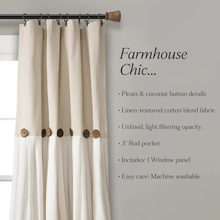 Lush Decor Linen Button Window Curtain Panel, Single, 40" W x 63" L, Linen - Country Curtains - Rustic Decor - Color Block Modern Farmhouse Curtains for Living Room, Bedroom & Dining Room by Lush Decor - Image 6