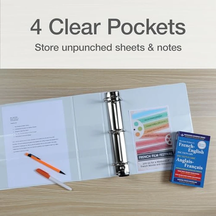 Oxford 3 Ring Binders, Durable Binders for School and Office, 4 Inch, ONE-Touch Easy Open D Rings, View Binder Covers, 4 Interior Pockets, PVC-Free, Holds 880 Sheets, White, 2 Pack (79921) by Oxford - Image 5