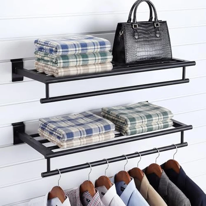 Zonon 2 Pcs Black Slatwall Shelf Clothes Rack with Metal Rectangular Tubing U Shaped Handrail Hanger Slatwall Shelving Organizer Accessories for Home Room Bathroom Garage Retail Display by Zonon - Used - Like New condition - US$62.68