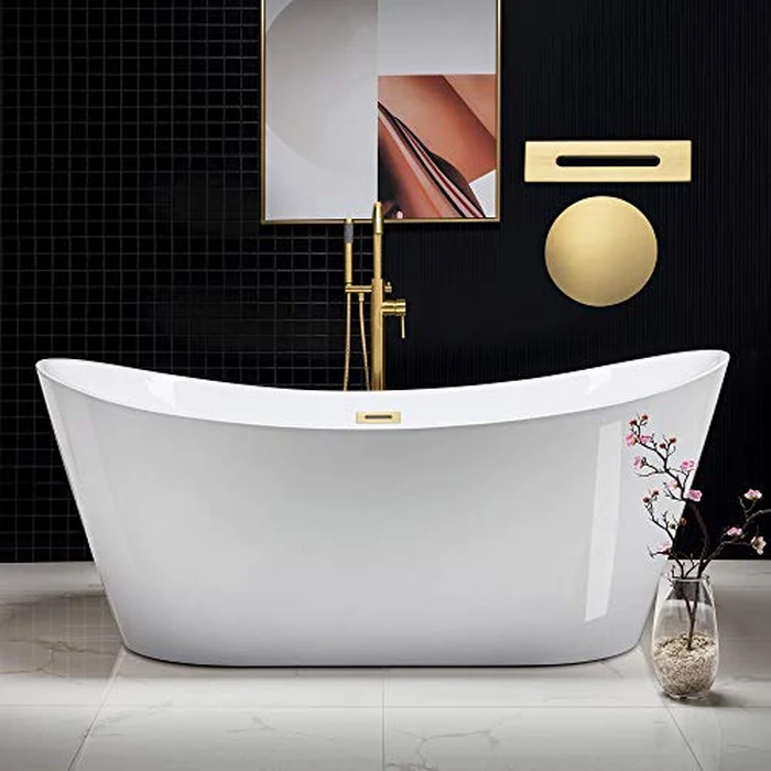 WOODBRIDGE 71"Freestanding White Acylic Soaking Bathtub with Brushed Gold Drain and Overflow,BTA1517 -BG-Drain &O by WOODBRIDGE - Used - Like New condition