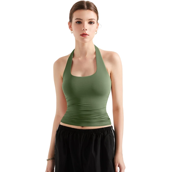 SUUKSESS Women Halter Tank Tops Double Lined Basic Backless Y2K Trendy Going Out Tops (Army Green,S) by SUUKSESS - Image 5