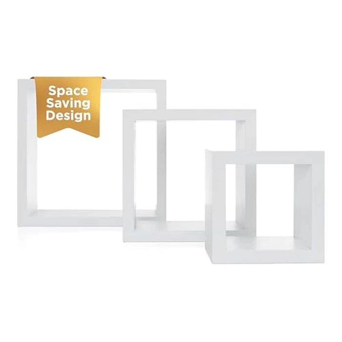 Kiera Grace Cubbi Floating Shelves, Modern Wall-Mounted Square Shelves for Bedroom, Bathroom, Kitchen, Easy to Hang, 5"/7"/9", White, Set of 3 by Kiera Grace - Image 1