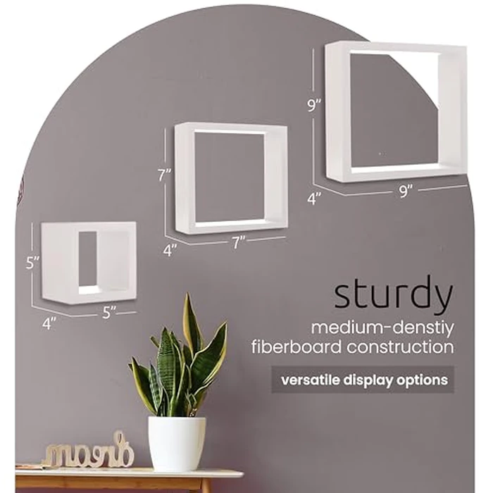 Kiera Grace Cubbi Floating Shelves, Modern Wall-Mounted Square Shelves for Bedroom, Bathroom, Kitchen, Easy to Hang, 5"/7"/9", White, Set of 3 by Kiera Grace - Image 2