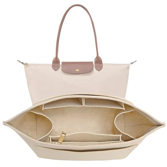LOUKAYCCI Purse Organizer Insert for Longchamp Le Pliage L Handbag Insert Felt Long Champ Tote Bag Organizer Insert with Cup (Beige, Large) by LOUKAYCCI - Used - Very Good condition - US$14.62