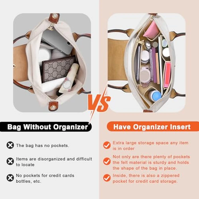 LOUKAYCCI Purse Organizer Insert for Longchamp Le Pliage L Handbag Insert Felt Long Champ Tote Bag Organizer Insert with Cup (Beige, Large) by LOUKAYCCI - Image 3