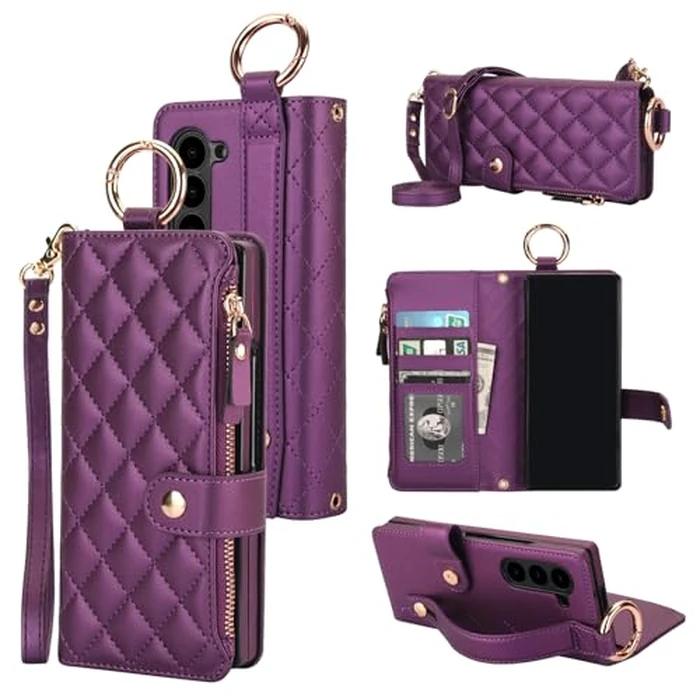KIHUWEY for Galaxy Z Fold 6 Wallet Case with Card Holder Premium Leather Magnetic RFID Blocking Shockproof Zipper Wrist Strap Lanyard Cover for Samsung Galaxy Z Fold 6 7.6 Inch (Dark Purple) by KIHUWEY - Used - Acceptable condition