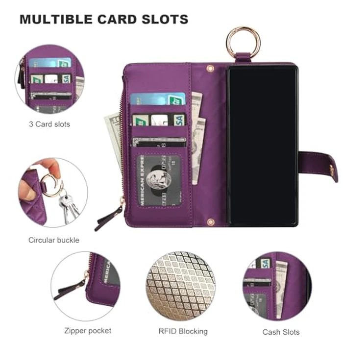 KIHUWEY for Galaxy Z Fold 6 Wallet Case with Card Holder Premium Leather Magnetic RFID Blocking Shockproof Zipper Wrist Strap Lanyard Cover for Samsung Galaxy Z Fold 6 7.6 Inch (Dark Purple) by KIHUWEY - Image 5