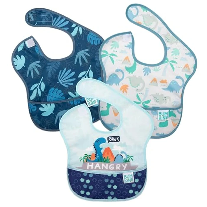 Bumkins Bibs for Girl or Boy, SuperBib Baby and Toddler for 6-24 Months, Essential Must Have for Eating, Feeding, Baby Led Weaning Supplies, Mess Saving, 3-pk Hangry, Dinosaurs, and Blue Tropic by Bumkins - Image 1