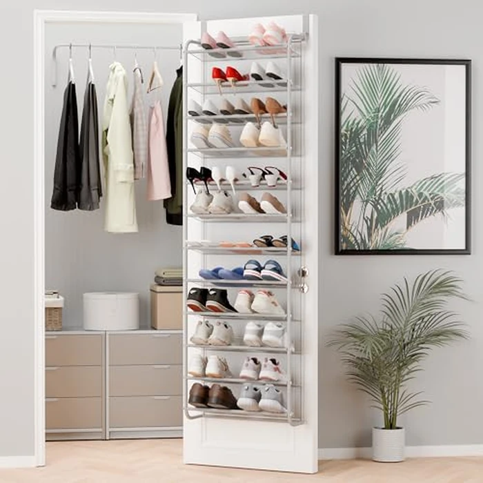 Whitmor 36 Pair Over The Door Shoe Organizer, 12 Tier Hanging Shoe Organizer, Heavy Duty Metal & Mesh Shoe Holder, Hanging Shoe Rack for Closet Organizer & Storage, 69"L x 21.7"W x 7.5"H, Grey by Whitmor - Used - Very Good condition - US$28.45