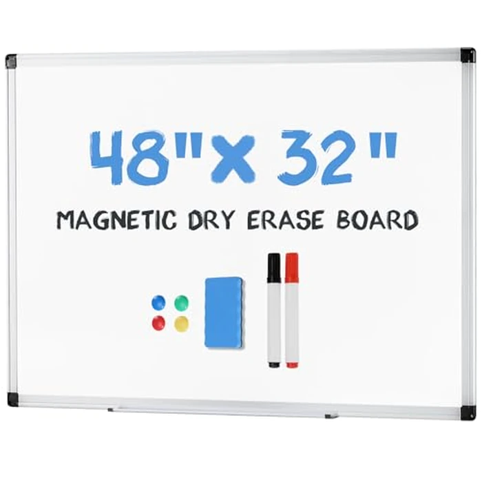 DUMOS Magnetic White Board Kit for Wall 48" x 32", Dry Erase Board with 1 Dry Eraser & 2 Multicolor Markers & 4 Magnetic Pins, Silver Reinforced Aluminum Frame for Home, School, Office by DUMOS - Used - Very Good condition
