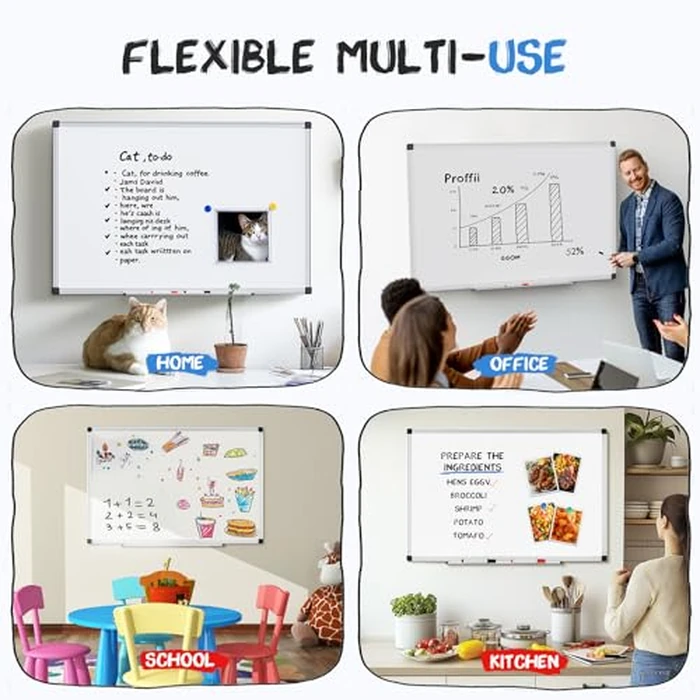 DUMOS Magnetic White Board Kit for Wall 48" x 32", Dry Erase Board with 1 Dry Eraser & 2 Multicolor Markers & 4 Magnetic Pins, Silver Reinforced Aluminum Frame for Home, School, Office by DUMOS - Image 3