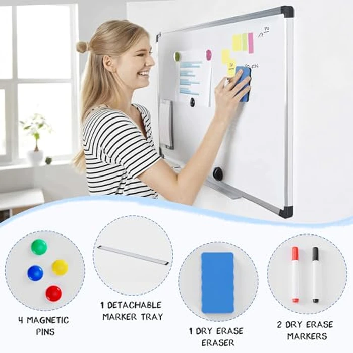 DUMOS Magnetic White Board Kit for Wall 48" x 32", Dry Erase Board with 1 Dry Eraser & 2 Multicolor Markers & 4 Magnetic Pins, Silver Reinforced Aluminum Frame for Home, School, Office by DUMOS - Image 4