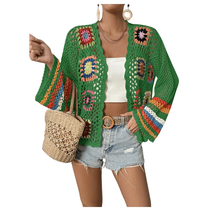 SHENHE Women's Floral Crochet Cardigan Hollow Out Open Front Long Sleeve Cardigan Sweater Green L by SHENHE - Used - Like New condition - US$31.63
