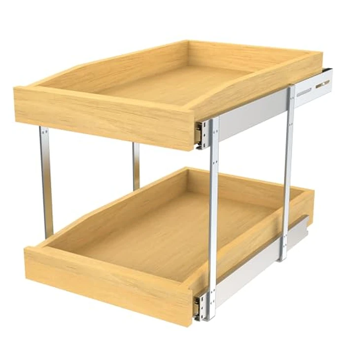 2 Tier Pull Out Cabinet Organizer, 14"W x 21"D Solid Wood Heavy-Duty Base Bottom Assembly Slide out Drawer Shel Cabinet Organization for Kitchen, Pantry, Bathroom by Pulloutor - Used - Like New condition