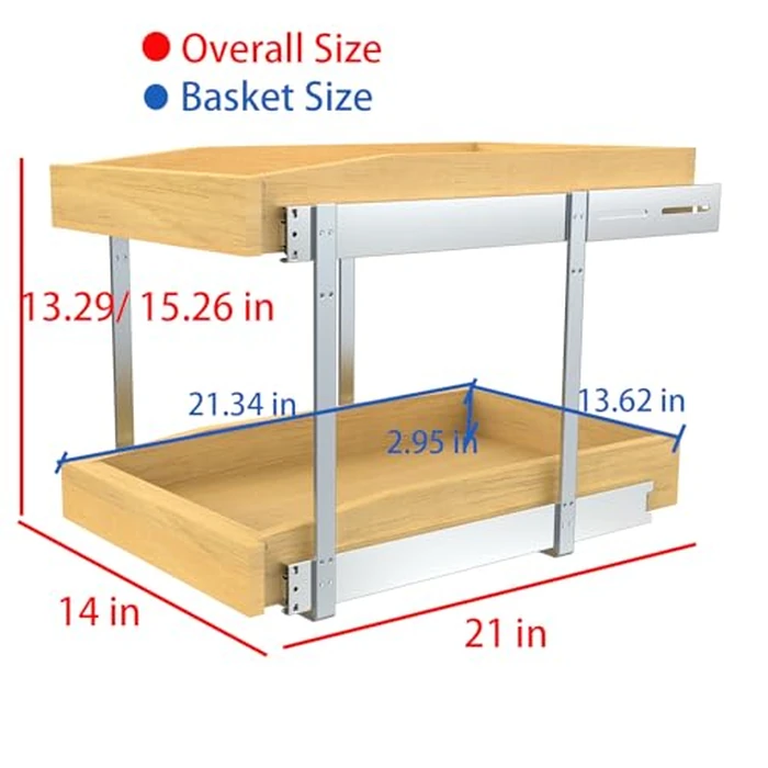 2 Tier Pull Out Cabinet Organizer, 14"W x 21"D Solid Wood Heavy-Duty Base Bottom Assembly Slide out Drawer Shel Cabinet Organization for Kitchen, Pantry, Bathroom by Pulloutor - Image 2
