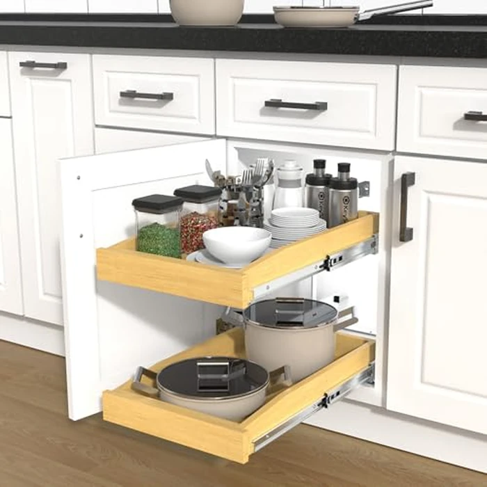 2 Tier Pull Out Cabinet Organizer, 14"W x 21"D Solid Wood Heavy-Duty Base Bottom Assembly Slide out Drawer Shel Cabinet Organization for Kitchen, Pantry, Bathroom by Pulloutor - Image 5
