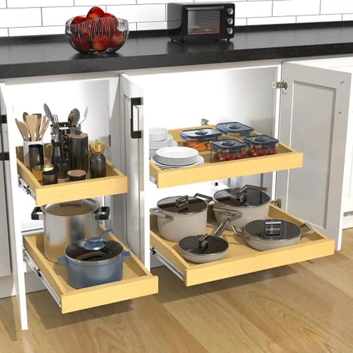 2 Tier Pull Out Cabinet Organizer, 14"W x 21"D Solid Wood Heavy-Duty Base Bottom Assembly Slide out Drawer Shel Cabinet Organization for Kitchen, Pantry, Bathroom by Pulloutor - Image 6