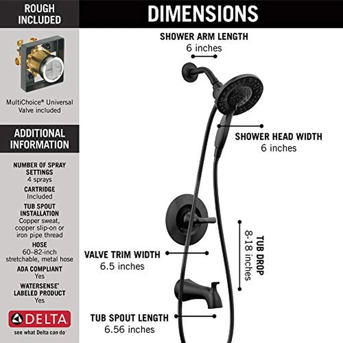 Delta Faucet Arvo 14 Series Single-Handle Tub and Shower Trim Kit, Shower Faucet with 4-Spray In2ition 2-in-1 Dual Hand Held Shower Head with Hose, Matte Black 144840-BL-I (Valve Included) by DELTA - Image 2