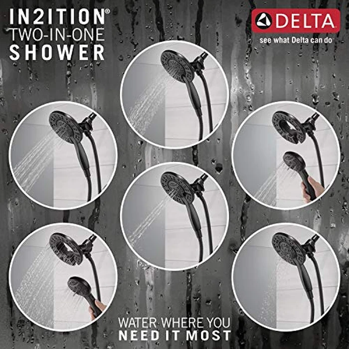Delta Faucet Arvo 14 Series Single-Handle Tub and Shower Trim Kit, Shower Faucet with 4-Spray In2ition 2-in-1 Dual Hand Held Shower Head with Hose, Matte Black 144840-BL-I (Valve Included) by DELTA - Image 3