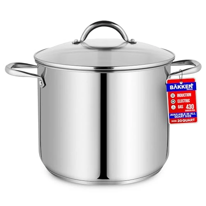 Stainless Steel Stockpot with Tempered Glass Lid 20 Quart, Durable 18/0 Stainless Steel, Impact-Bonded Base for Even Heating, Riveted Handles, Oven & All Stove Compatible, Safe Up to 500 degreesF (260 degreesC) by Bakken- Swiss - Used - Very Good condition - CA$71.23