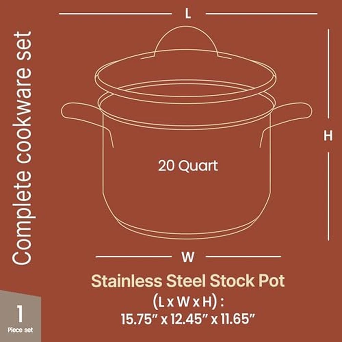 Stainless Steel Stockpot with Tempered Glass Lid 20 Quart, Durable 18/0 Stainless Steel, Impact-Bonded Base for Even Heating, Riveted Handles, Oven & All Stove Compatible, Safe Up to 500 degreesF (260 degreesC) by Bakken- Swiss - Image 2