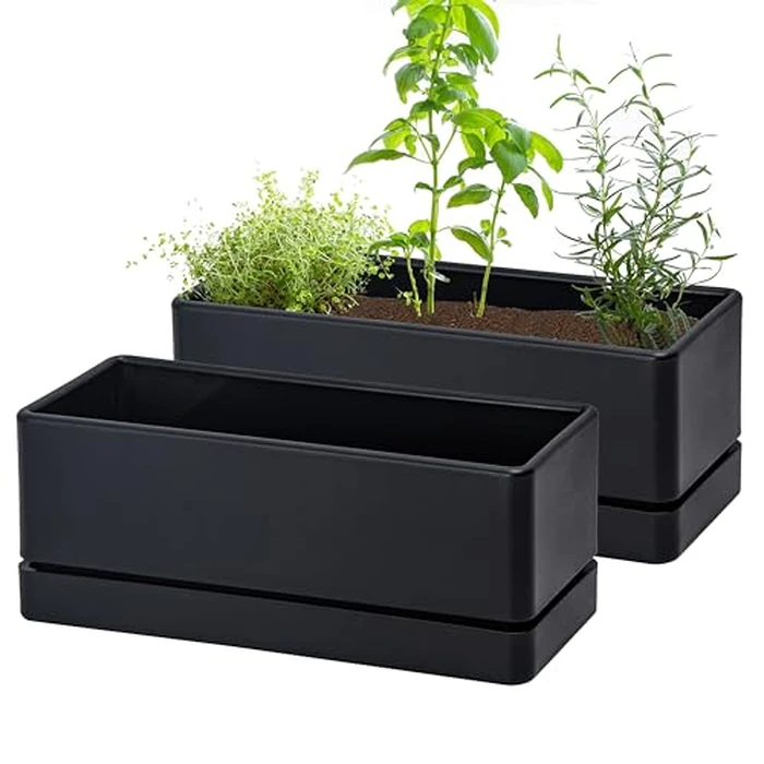 D'vine Dev 12 Inch Window Box Planter, Rectangle Plastic Herb Planter with Drainage Holes and Saucer, Indoor Succulent Cactus Vegetable Pot for Windowsill, Garden Balcony, Black, Set of 2, 76-X-B-2 by D'vine Dev - Used - Like New condition