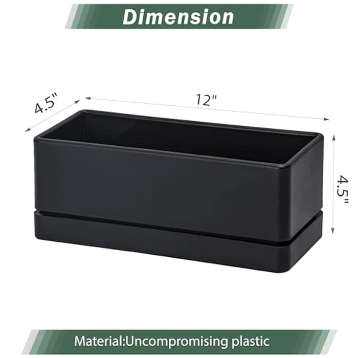 D'vine Dev 12 Inch Window Box Planter, Rectangle Plastic Herb Planter with Drainage Holes and Saucer, Indoor Succulent Cactus Vegetable Pot for Windowsill, Garden Balcony, Black, Set of 2, 76-X-B-2 by D'vine Dev - Image 2