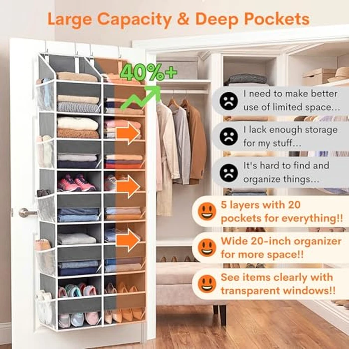Over the Door Organizer 5 Tiers, Extra Large Behind Door Storage of 10 Compartments, 80 lbs Weight Capacity Over Door Organizer, Door Hanging Organizer for Closet, Diaper Organizer, Room storage by Ofiray-home - Image 2
