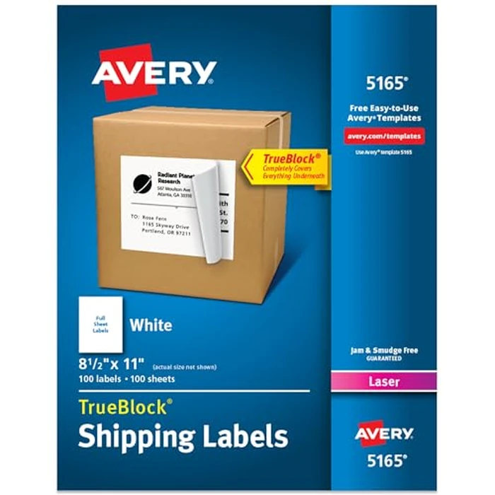 Avery Full-Sheet Printable Shipping Labels, 8.5" x 11" Customizable Stickers, White, 100 Blank Mailing Labels, Great for Mailing, Shipping, Organizing, and More (5165) by Avery - Used - Very Good condition - US$21.58
